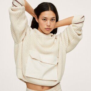 COMFY Mango Oversized XS S Ribbed Knit Pocket Hooded Pullover Sweater Ecru Cream